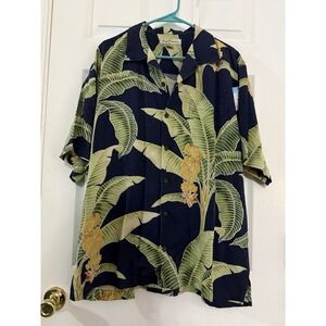 Tommy Bahama Men Hawaiian Shirt 100% Silk Short Sleeve Button-Up Fern Blue L